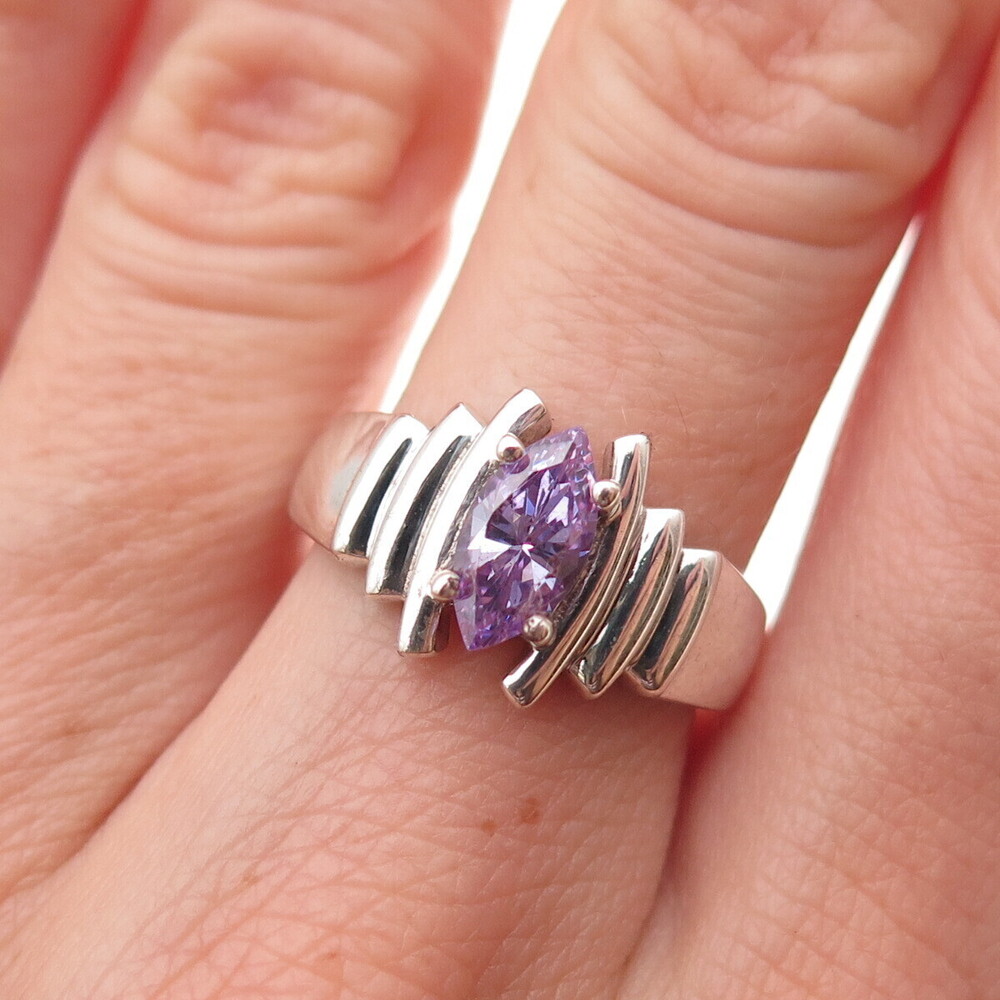 925 Sterling Silver Marquise-Cut Lavender C Z Modernist Ring Size 7